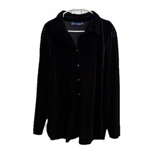 Susan Graver Black Velvet Shirt Jacket Size 1X Silver Buttons Long Sleeve